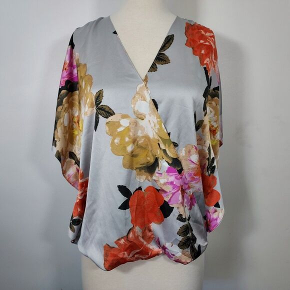 INC International Concepts Faux Wrap Top Sz Large Floral Surplice Kimono Sleeve - Picture 2 of 11